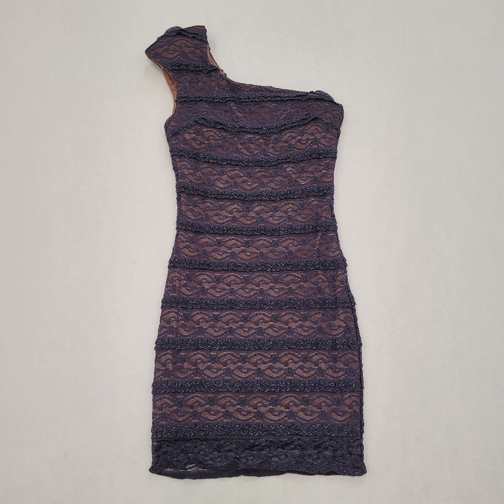 Bloom One Shoulder Metallic Ruffle Lace Mini Dress - Picture 8 of 12